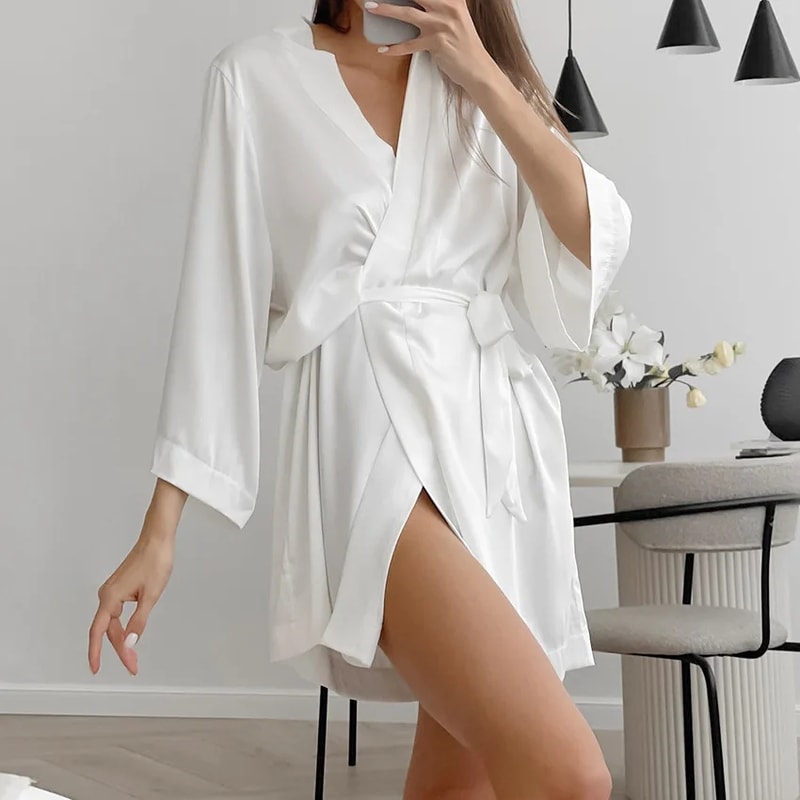 Silk Satin Women Wedding White Bride Robe Sleeve Morning Gown Loose Nightgown Kimono Bathrobe Sleep 2
