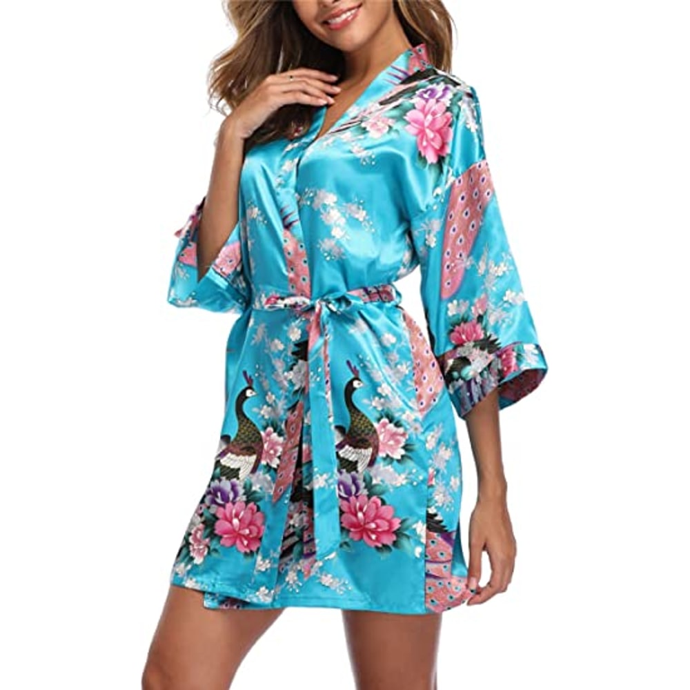 Sexy Crane Print Satin Silk Women Wedding Bridemaid Robe Short Long Kimono Night Gown Robe Fashion 4