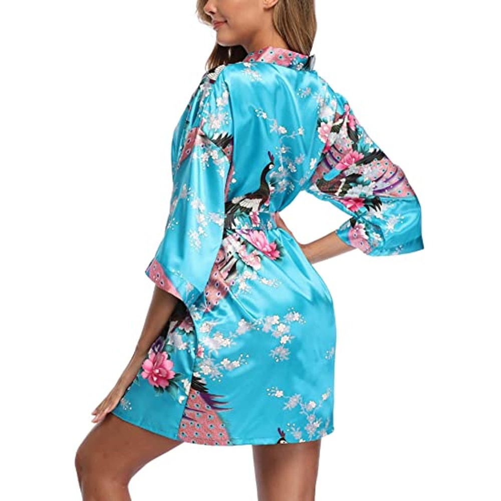 Sexy Crane Print Satin Silk Women Wedding Bridemaid Robe Short Long Kimono Night Gown Robe Fashion 3