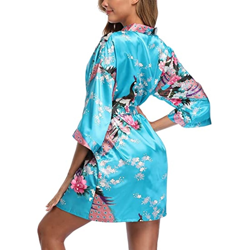 Sexy Crane Print Satin Silk Women Wedding Bridemaid Robe Short Long Kimono Night Gown Robe Fashion 3