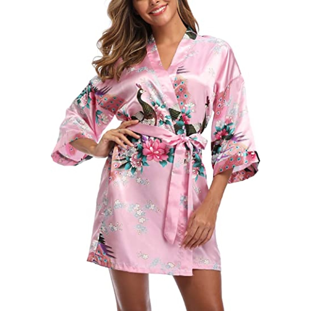 Sexy Crane Print Satin Silk Women Wedding Bridemaid Robe Short Long Kimono Night Gown Robe Fashion 5