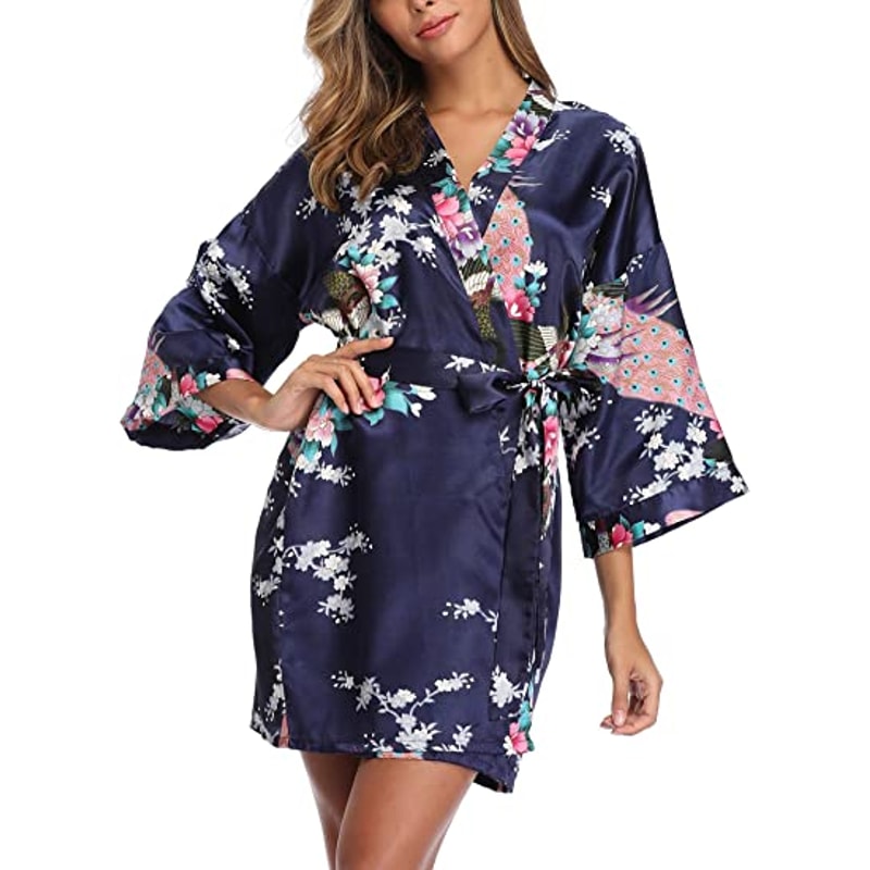 Sexy Crane Print Satin Silk Women Wedding Bridemaid Robe Short Long Kimono Night Gown Robe Fashion 8