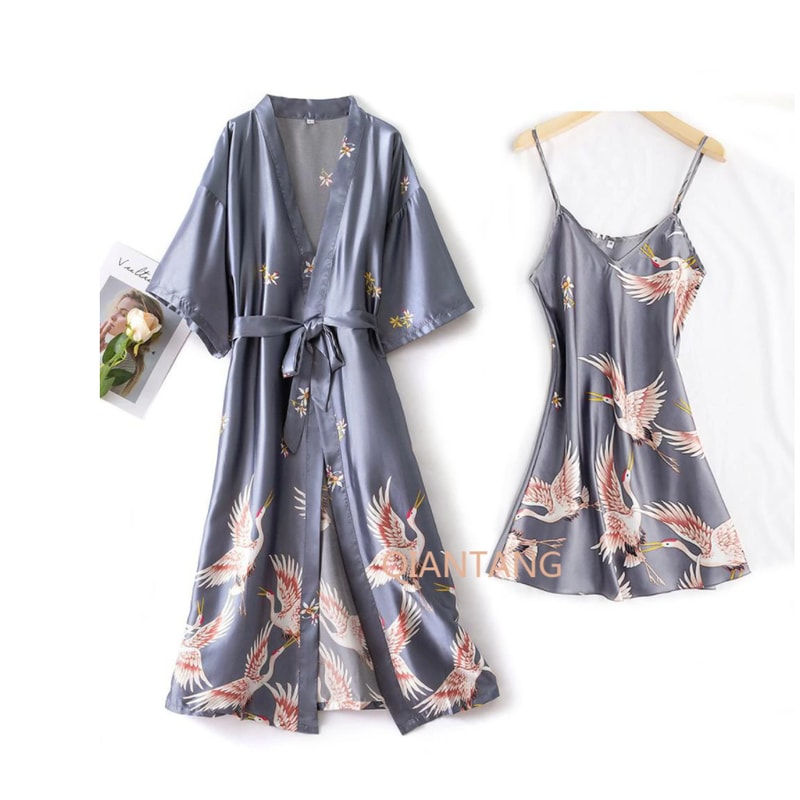 Sexy Nightwear Gown Women Pyjama V Neck Silky Sleepwear Spring Lady Sleep Suit Robe Homewear Neglig 3