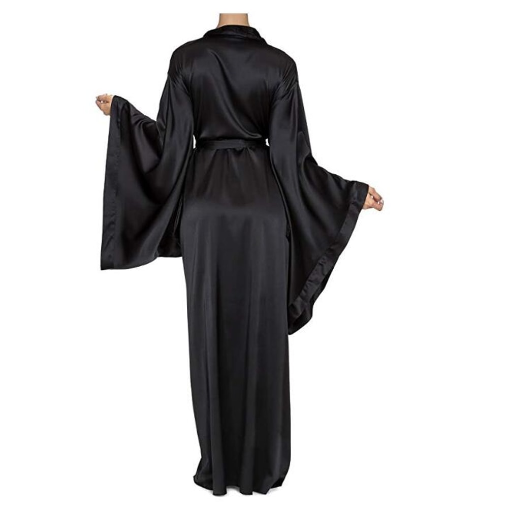 Women Solid Robes Black Red Long Sleeve Nightgown Spring Lace Silk Satin Sleepwear Female Bathrobe 3