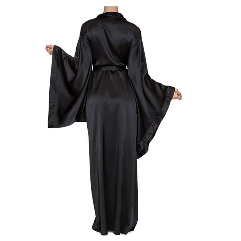 Women Solid Robes Black Red Long Sleeve Nightgown Spring Lace Silk Satin Sleepwear Female Bathrobe 3