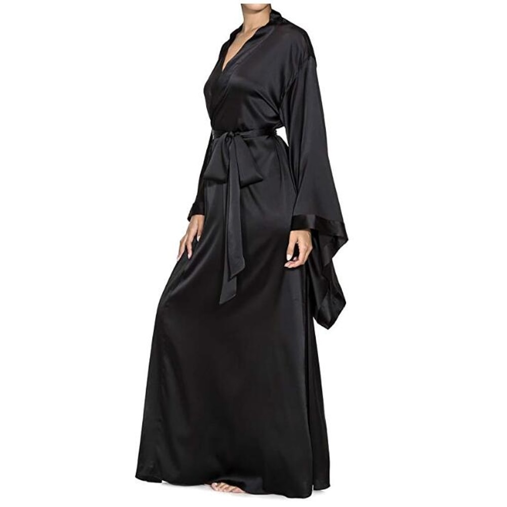 Women Solid Robes Black Red Long Sleeve Nightgown Spring Lace Silk Satin Sleepwear Female Bathrobe 4