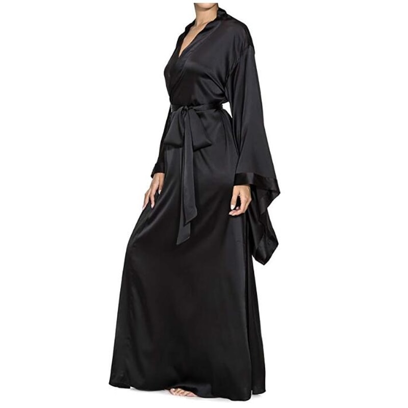 Women Solid Robes Black Red Long Sleeve Nightgown Spring Lace Silk Satin Sleepwear Female Bathrobe 4