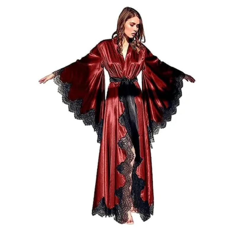 Black Silk Satin Women Robes Sleepwear Kimono Pajamas Lace Trim Wedding Dress Long Pure Silk Bride 3