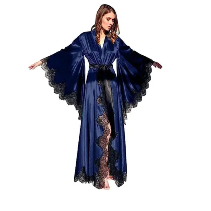 Black Silk Satin Women Robes Sleepwear Kimono Pajamas Lace Trim Wedding Dress Long Pure Silk Bride 2