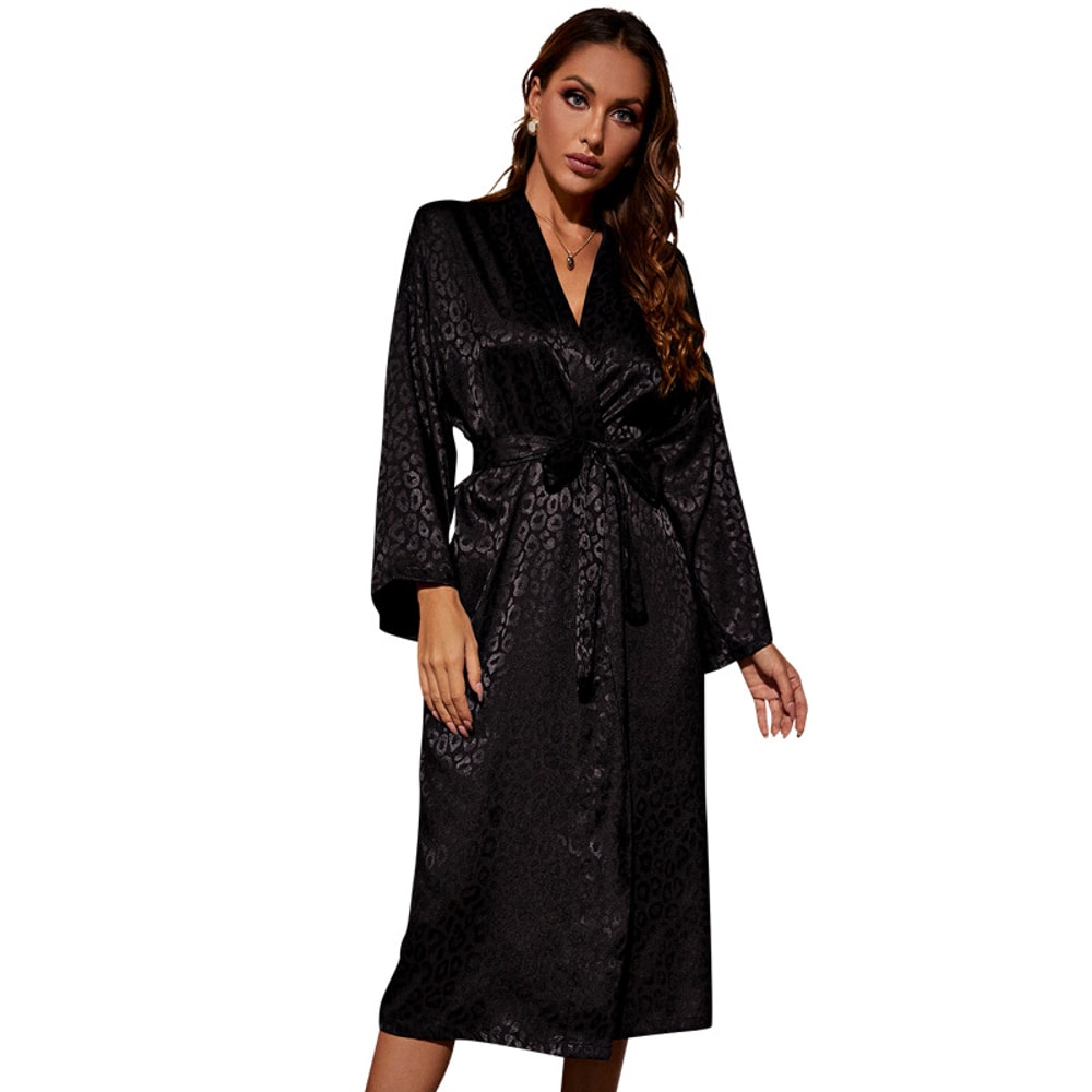 Leopard Kimono Bathrobe Women Robe With Belt Sexy VNeck Nightgown Loose Silk Satin Sleepwear Black 5