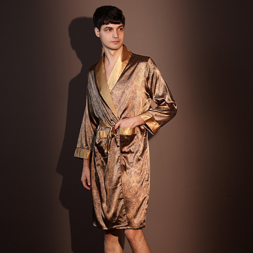 High Quality Nightrobes Men Ice Silk Printed Pajamas Onepiece Robe Summer Thin Bathrobe Large Size 1