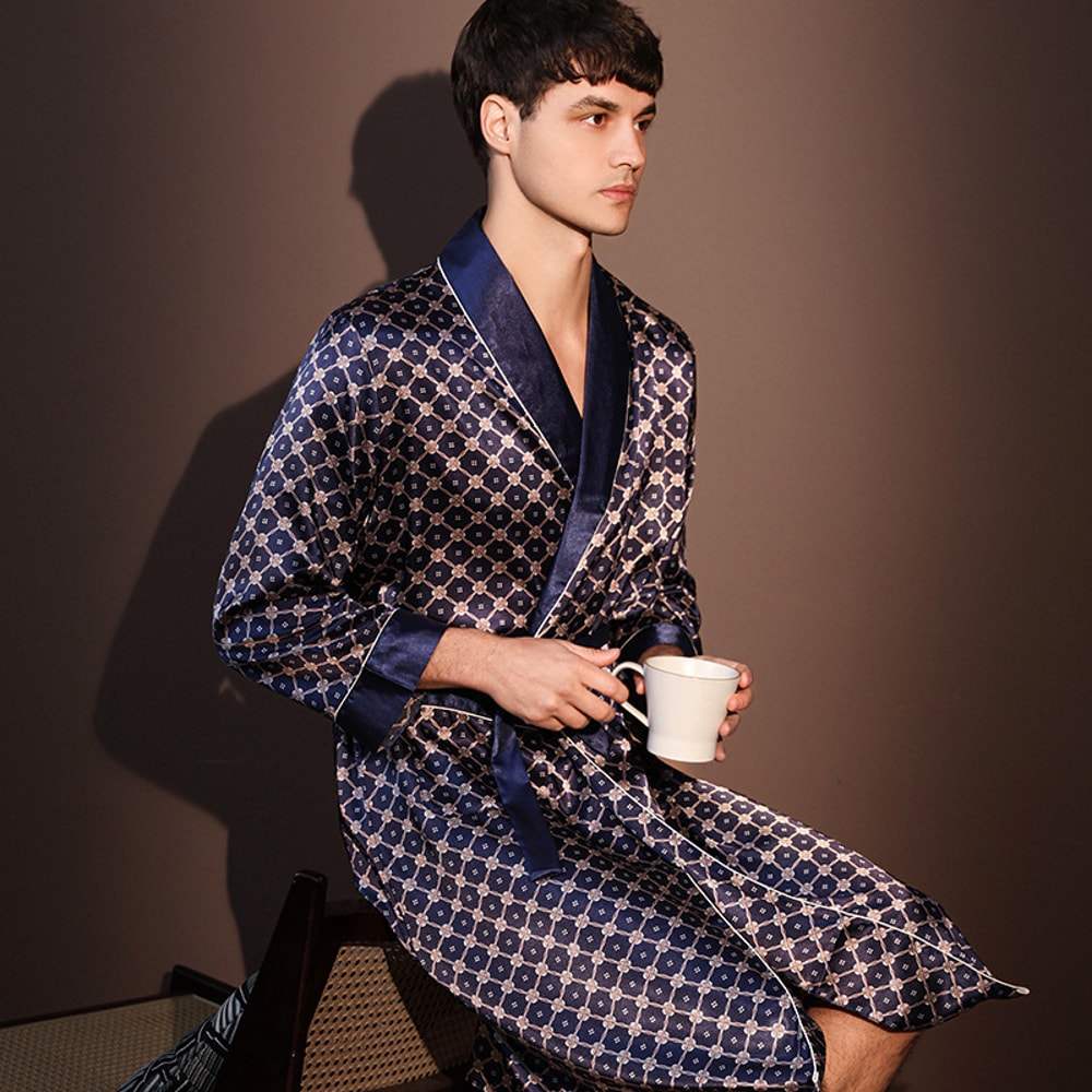High Quality Nightrobes Men Ice Silk Printed Pajamas Onepiece Robe Summer Thin Bathrobe Large Size 4
