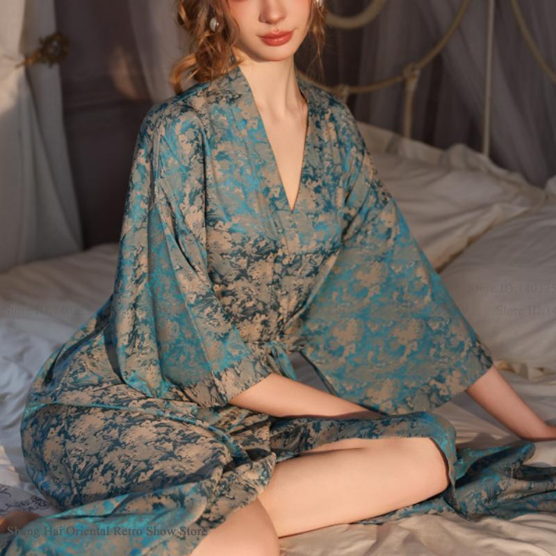 Sexy Home Dress Lounge Wear Luxury Jacquard Long Robe Kimono Bathrobe Gown Satin Ice Silk Sleepwear 0