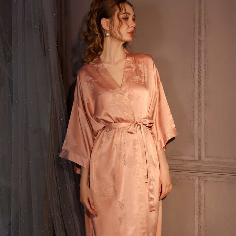 Sexy Home Dress Lounge Wear Luxury Jacquard Long Robe Kimono Bathrobe Gown Satin Ice Silk Sleepwear 6