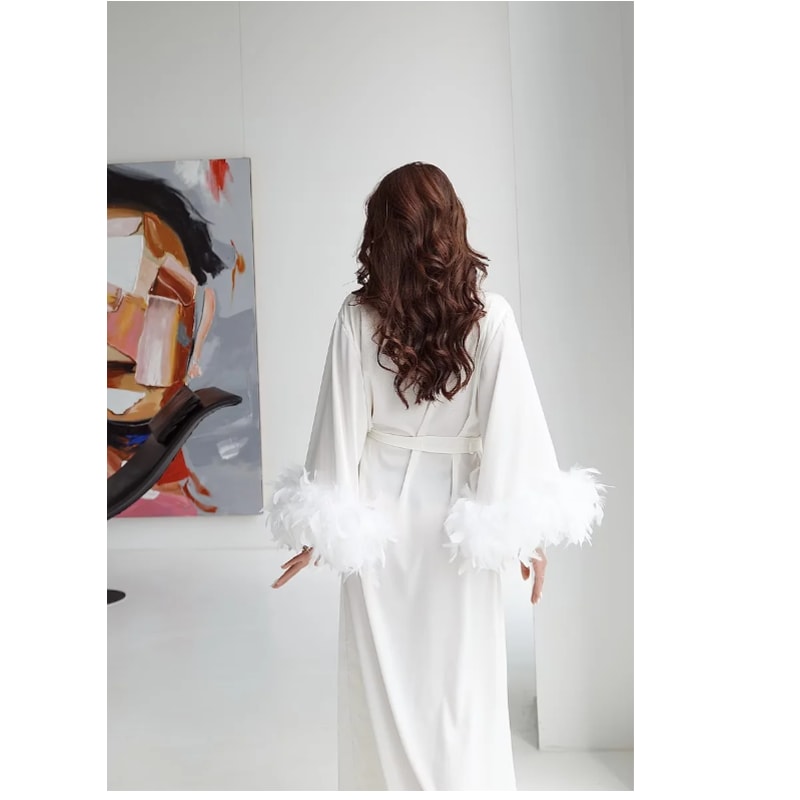 White Long Silk Boudoir Robe Satin Wedding Kimono Boudoir Robe With Feathers Bridal Dressing Gown F 1