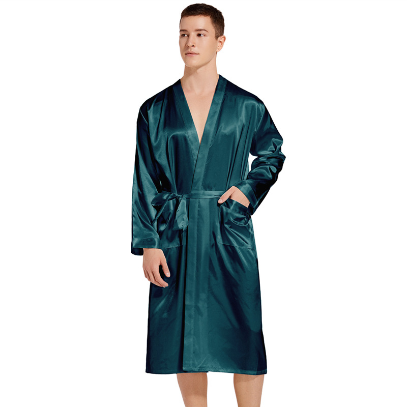 Navy Blue Silk Satin Kimono Gown Men Long Bathrobe Sleepwear Wedding Robe Loungewear For Bridegroom 2