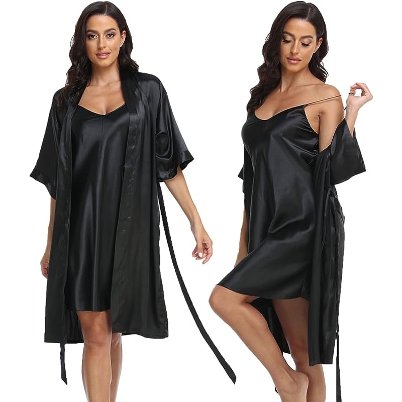 Sexy Silky Womens Silk Satin Pajamas PJ Robe Set With Chemise Nightgown Elegant Sleepwear 0