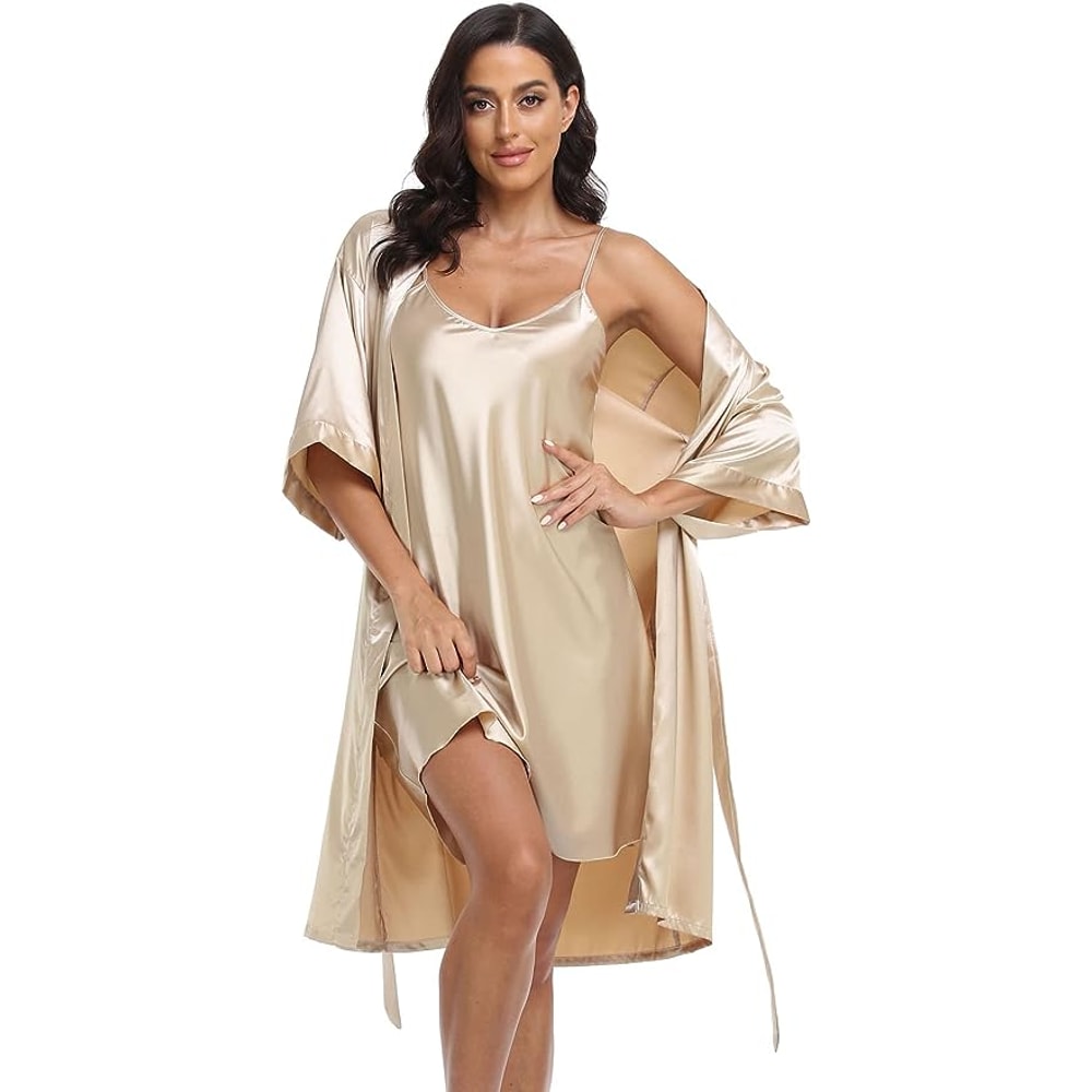 Sexy Silky Womens Silk Satin Pajamas PJ Robe Set With Chemise Nightgown Elegant Sleepwear 3