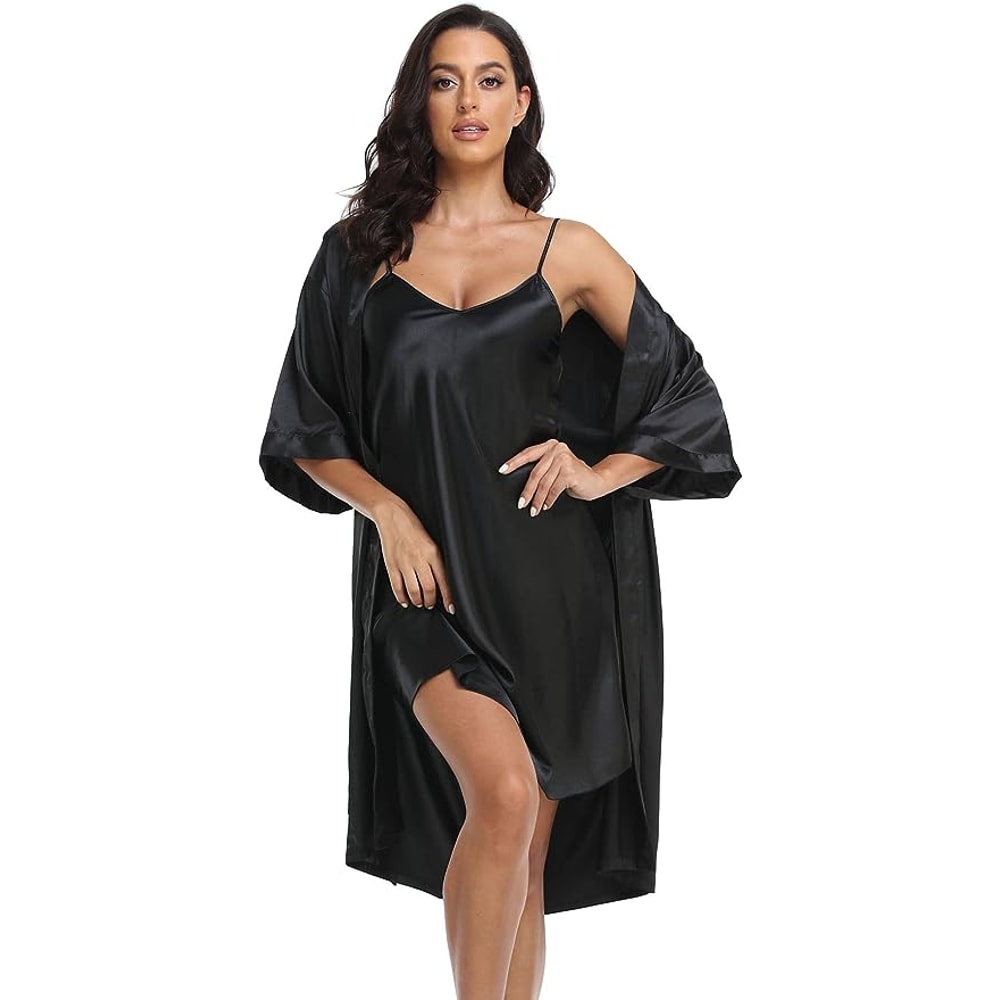 Sexy Silky Womens Silk Satin Pajamas PJ Robe Set With Chemise Nightgown Elegant Sleepwear 4