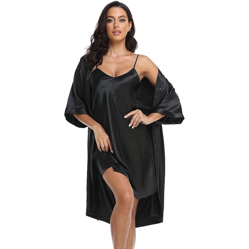 Sexy Silky Womens Silk Satin Pajamas PJ Robe Set With Chemise Nightgown Elegant Sleepwear 4
