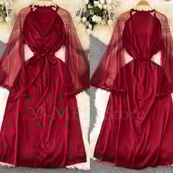 sexy embroider edge kimono bathrobe dress, wedding long robe with mesh sleeves, silk satin sleepwear lingerie gown