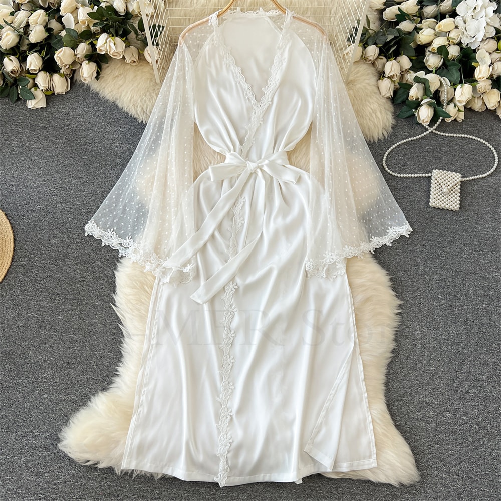 Sexy Embroider Edge Kimono Bathrobe Dress Wedding Long Robe With Mesh Sleeves Silk Satin Sleepwear 2
