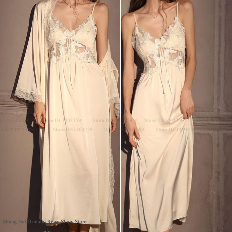 Silky Ice Silk Nightgown Set Elegant Female Long Robe SEXY Hollow Out Lace Lingerie Sleepwear Homew 1
