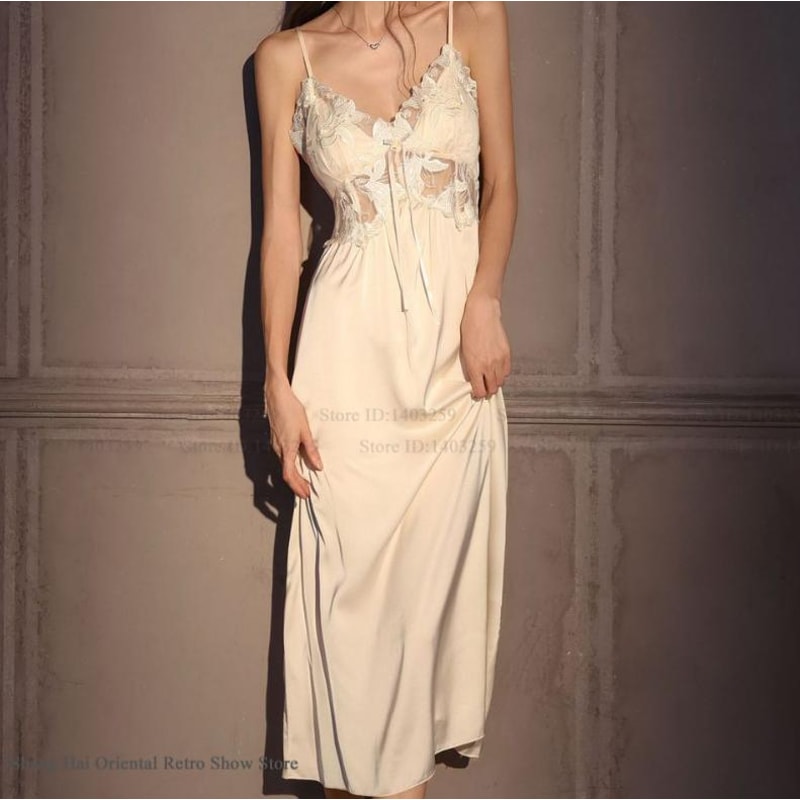 Silky Ice Silk Nightgown Set Elegant Female Long Robe SEXY Hollow Out Lace Lingerie Sleepwear Homew 2