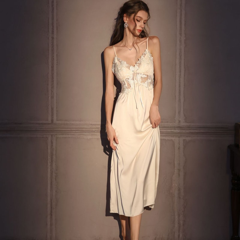 Silky Ice Silk Nightgown Set Elegant Female Long Robe SEXY Hollow Out Lace Lingerie Sleepwear Homew 5