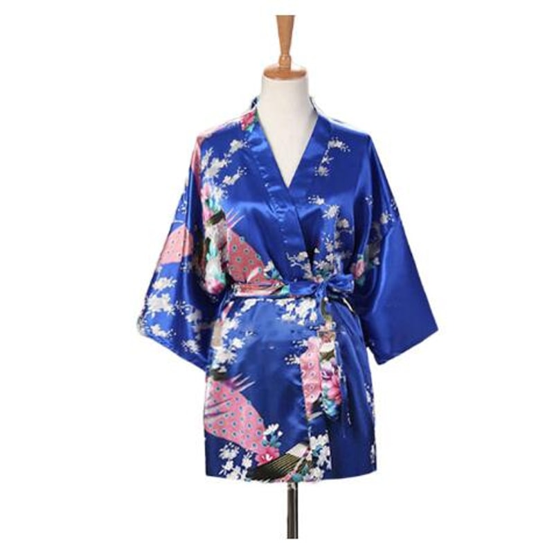 Silk Satin Lace Up Kimono Yukata Peacock Print Short Sleepwear Nightgown Robe Costume For Women 3