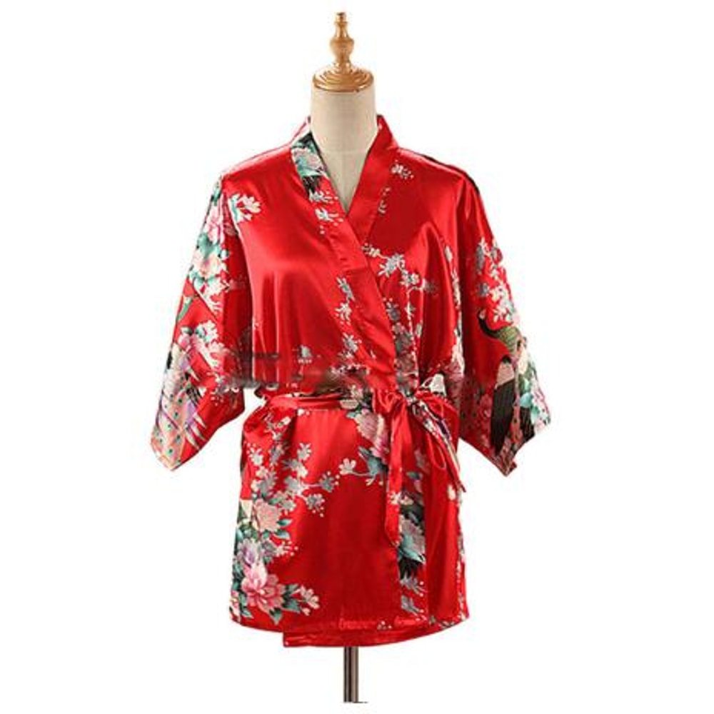 Silk Satin Lace Up Kimono Yukata Peacock Print Short Sleepwear Nightgown Robe Costume For Women 6
