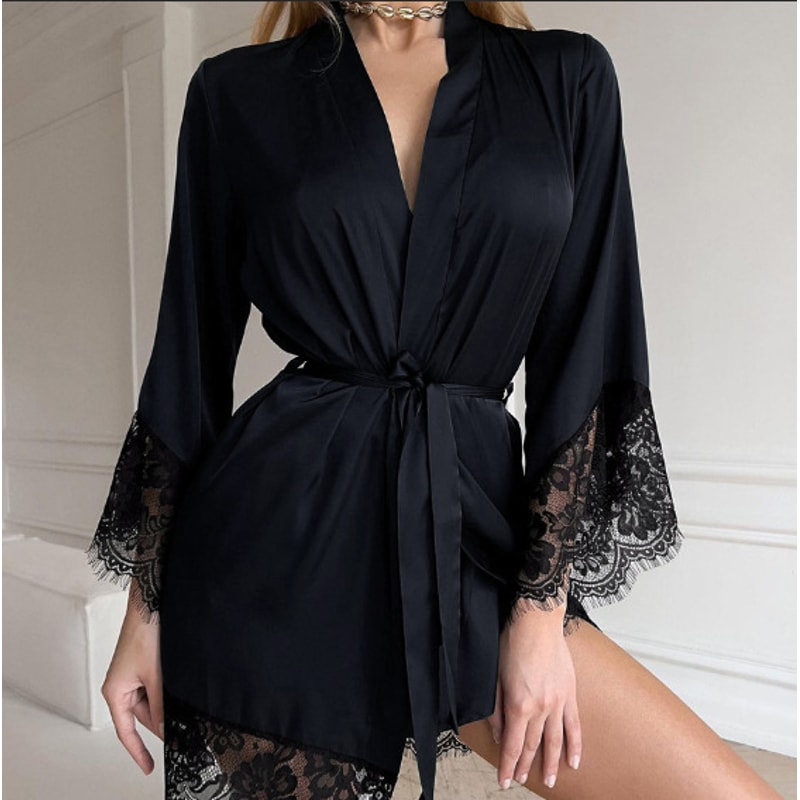 Sexy Womens Satin Night Gown VNeck Lace Robe Half Sleeve Nightdress Female French Silky Satin Sleep 5