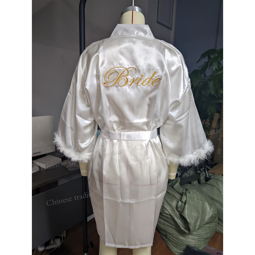 White Bride Wedding Robe With Feathers Satin Peignoir Gowns Sexy Bridesmids Kimono Short Bridal Bat 0