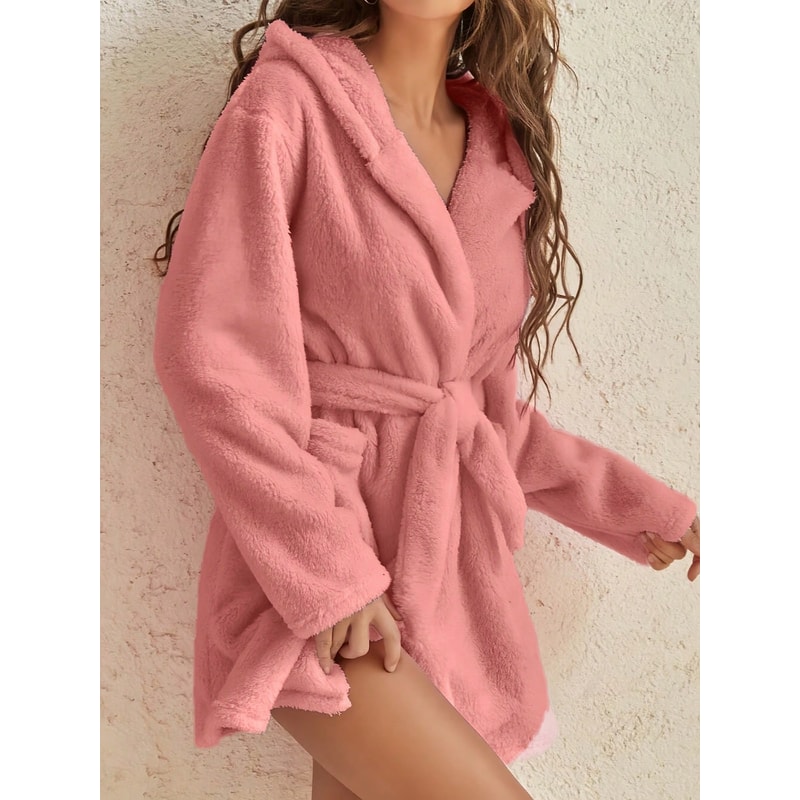 1 Piece Of Womens Solid Color Hooded Robe With Belt Cozy And Warm Fleece Pajamas For Home Wear In A 1