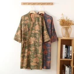 men's blue green printed cotton robe, kimono style bathrobe for spring, summer, autumn, long cotton kimono robe for men
