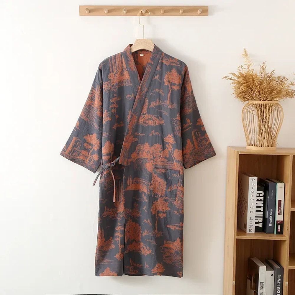 Mens Blue Green Printed Cotton Robe Kimono Style Bathrobe For Spring Summer Autumn Long Cotton Kimo 8