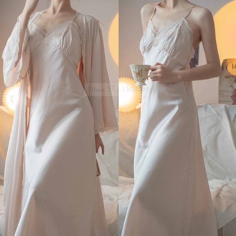 Sexy Lace Trim Sleepwear New Female Long Robe Nightgown Set Suspender Nightdress Spring Summer Sati 0