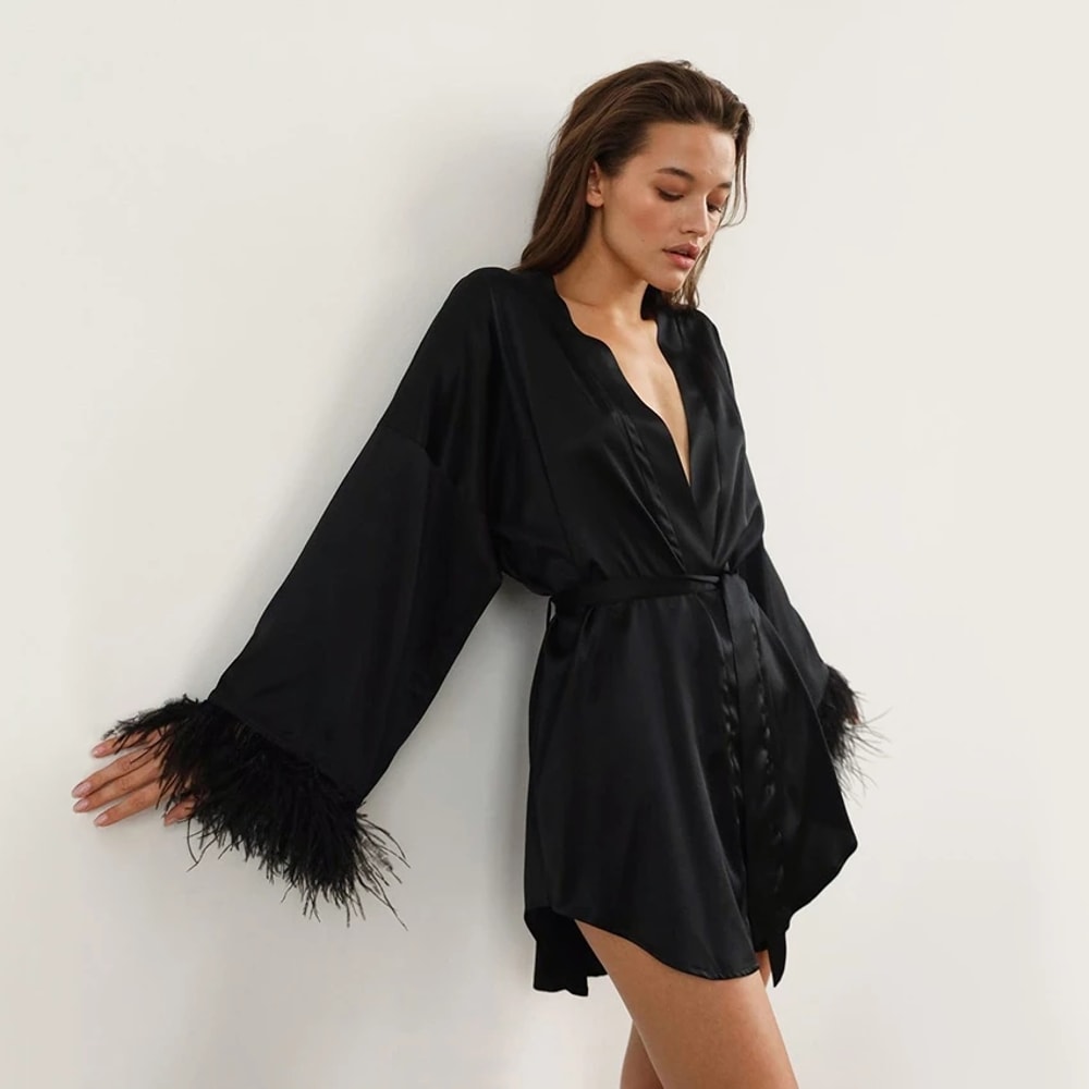 Satin Feather Bathrobes Sexy Mini Dress With Long Sleeves Loose Peignoirs For Women White Wedding D 1