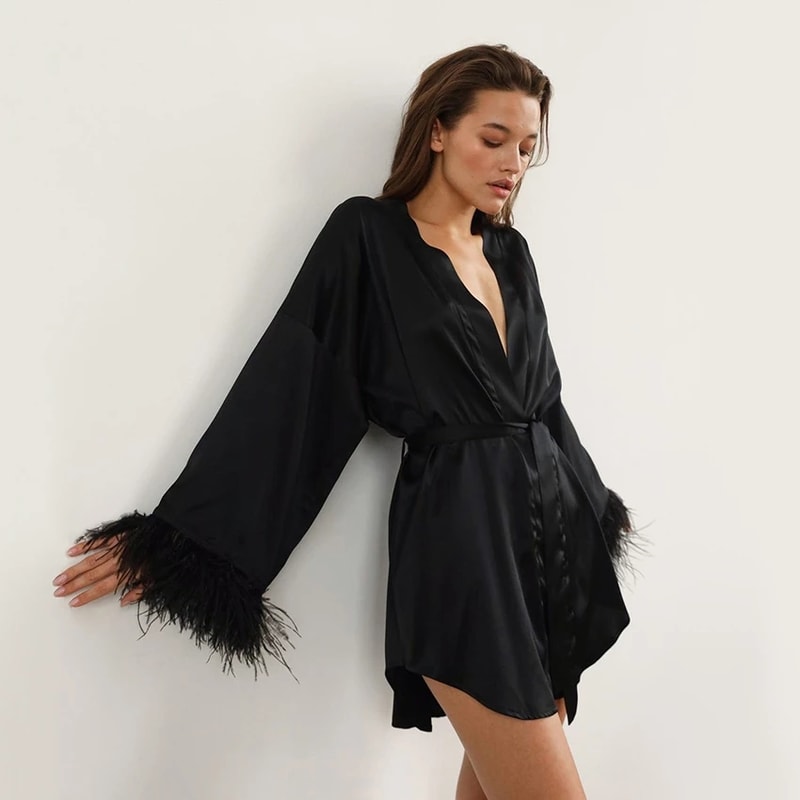 Satin Feather Bathrobes Sexy Mini Dress With Long Sleeves Loose Peignoirs For Women White Wedding D 1