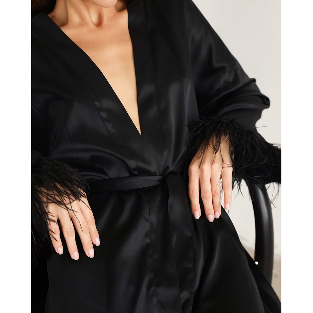 Satin Feather Bathrobes Sexy Mini Dress With Long Sleeves Loose Peignoirs For Women White Wedding D 0