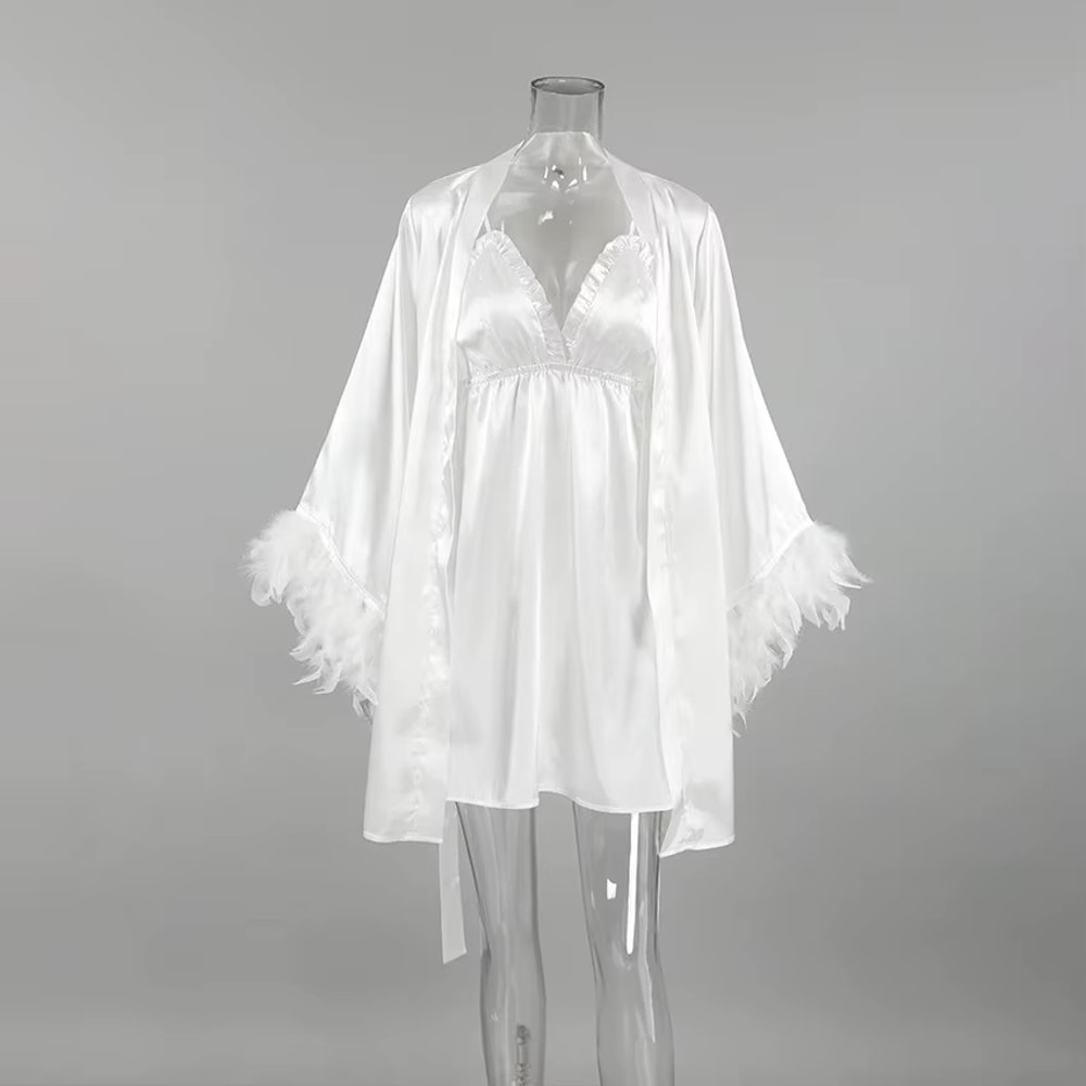 Elegant Wedding Bride Robe Sexy Rayon Morning Gown Feather Kimono Bathrobe Sleepwear For Brides 2