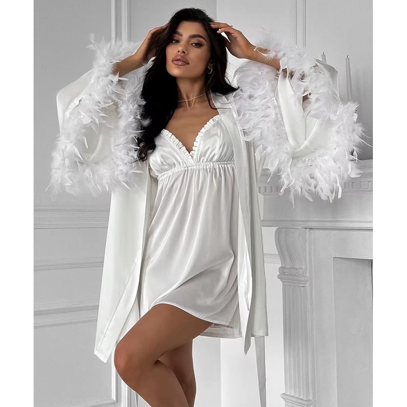 Elegant Wedding Bride Robe Sexy Rayon Morning Gown Feather Kimono Bathrobe Sleepwear For Brides 6
