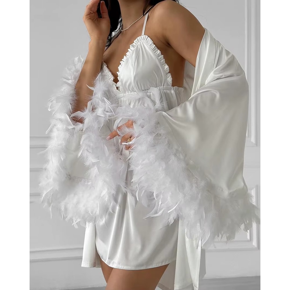 Elegant Wedding Bride Robe Sexy Rayon Morning Gown Feather Kimono Bathrobe Sleepwear For Brides 3