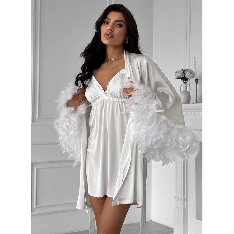 Elegant Wedding Bride Robe Sexy Rayon Morning Gown Feather Kimono Bathrobe Sleepwear For Brides 4
