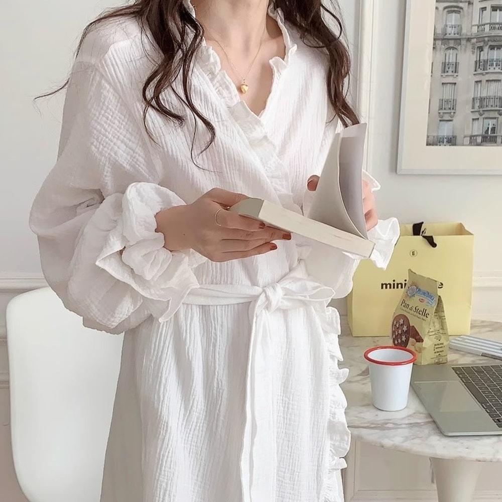 New Womens LongSleeved Robe Spring And Summer Solid Color Pajamas Girls Sweet Ins Wind Ruffled Thin 1