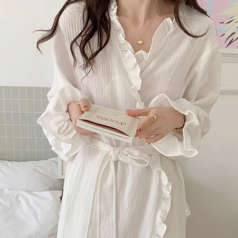 New Womens LongSleeved Robe Spring And Summer Solid Color Pajamas Girls Sweet Ins Wind Ruffled Thin 2