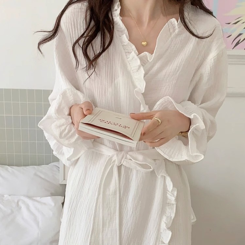 New Womens LongSleeved Robe Spring And Summer Solid Color Pajamas Girls Sweet Ins Wind Ruffled Thin 2