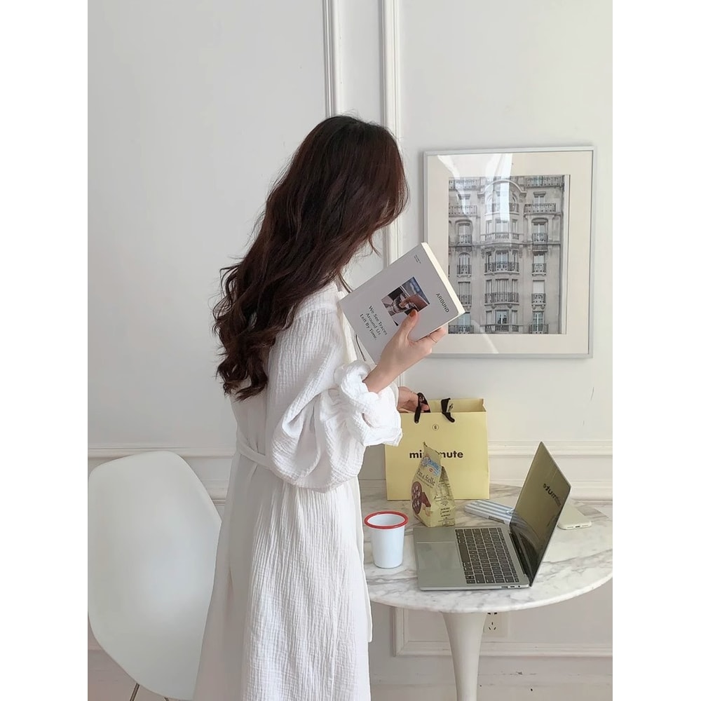 New Womens LongSleeved Robe Spring And Summer Solid Color Pajamas Girls Sweet Ins Wind Ruffled Thin 3
