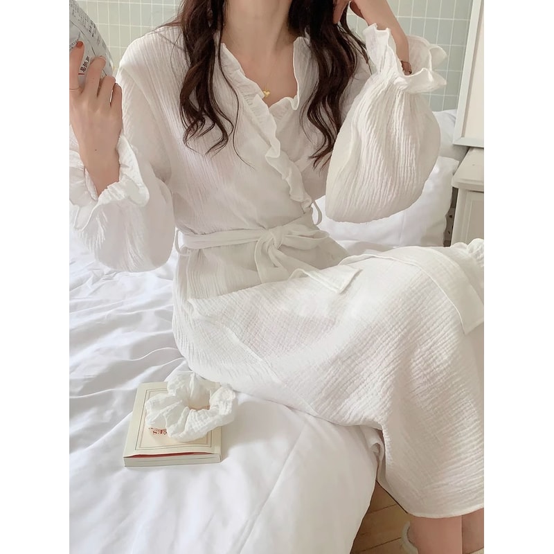 New Womens LongSleeved Robe Spring And Summer Solid Color Pajamas Girls Sweet Ins Wind Ruffled Thin 4