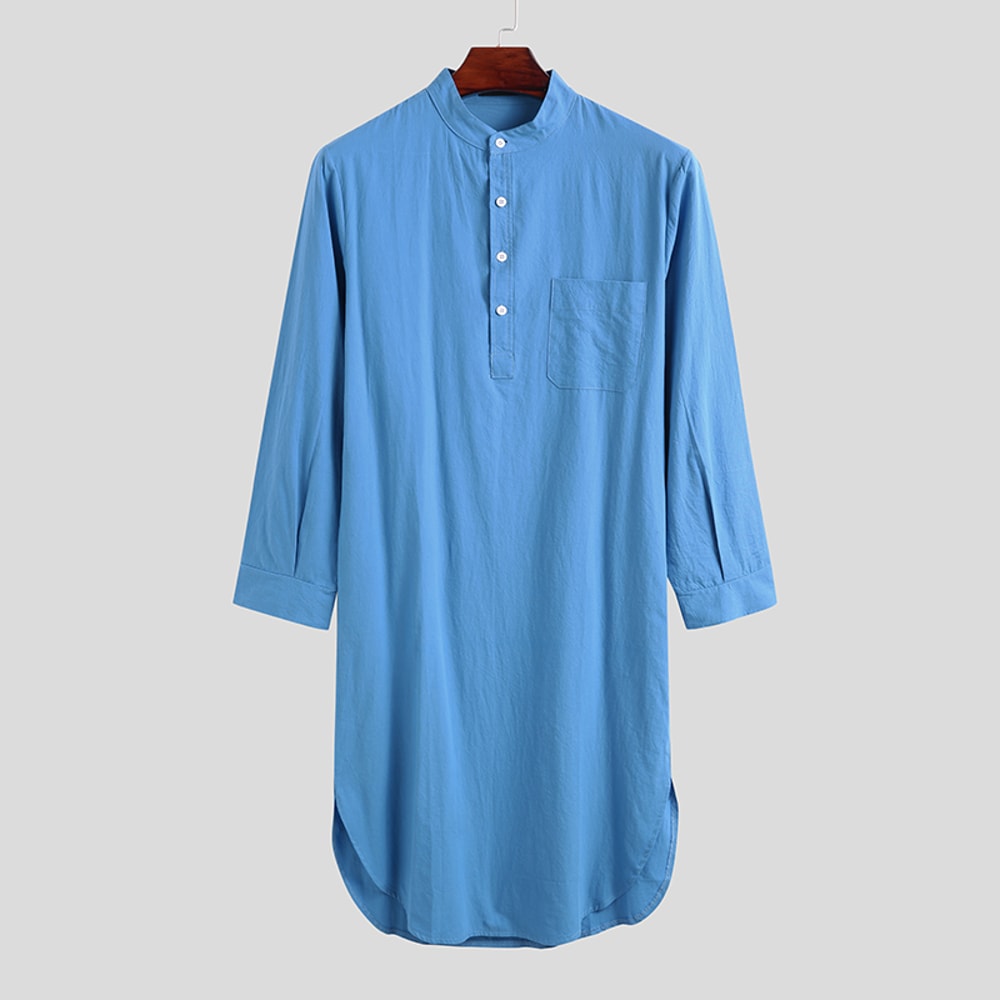 Fashionable Mens Buttondown Sleep Robes Solid Color Stand Collar Long Sleeve Nightgown Comfortable 6